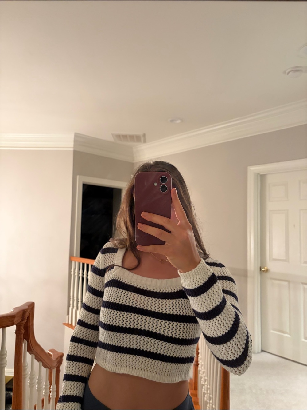 Bershka Navy and Cream Striped Cropped Sweater